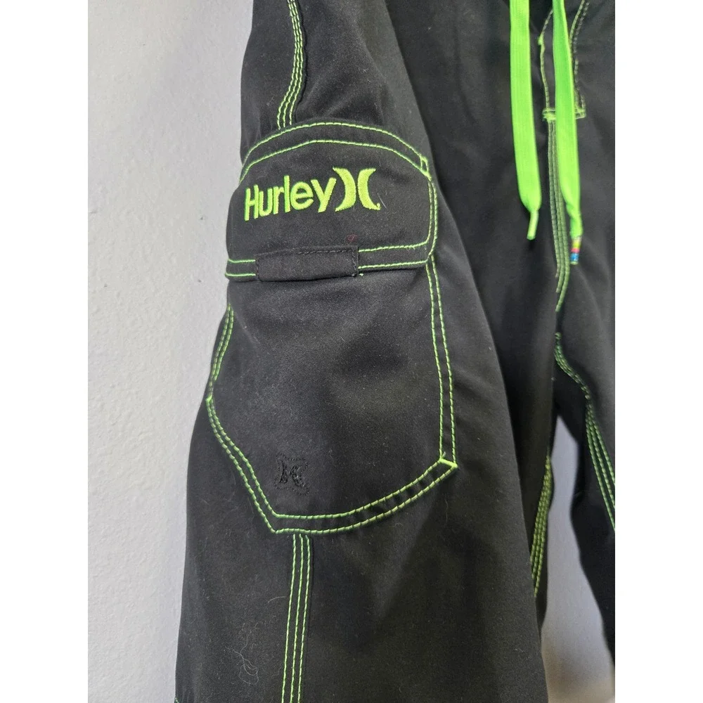 Hurley‎ Board Shorts Black Neon Green Contrast Stitch Surf Swim Trunks 34